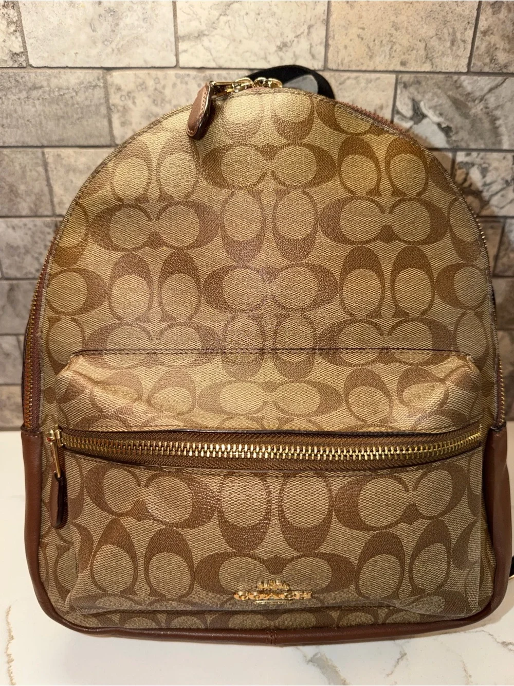 Coach 2021  Signature Canvas Medium Backpack with Brown Trim